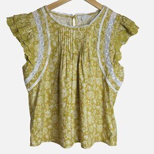 JENNIFER GRACE Mustard Floral Lace Trim Cropped Top Cottagecore Cotton Blouse M